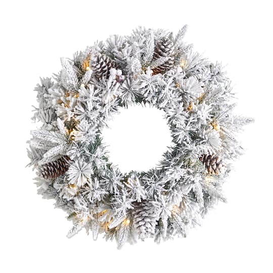 20&#x22; White LED Lights Flocked Artificial Christmas Wreath